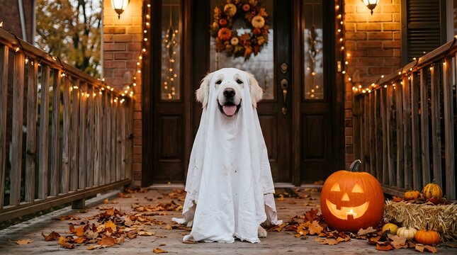 A cute golden retriever wearing a ghost costume for a fun happy halloween celebration on a porch