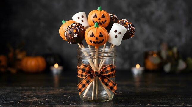 Festive happy halloween cake pops decorated as pumpkins and ghosts in a glass jar with a ribbon
