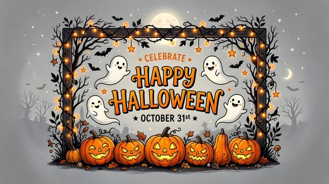 Festive happy halloween greeting card design featuring carved glowing pumpkins and cute ghosts in a dark forest frame