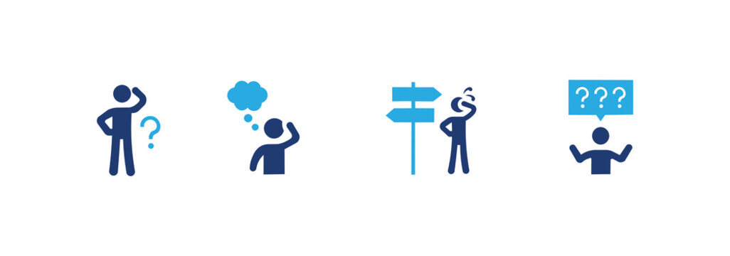 Confusion icon set. Contains confused, perplexed, lost, and why icons. Solid icon illustration pack.