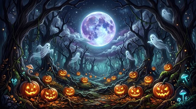 Spooky forest landscape with glowing jack o lanterns and a full moon for a happy halloween celebration