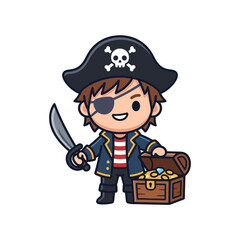 Cheerful Pirate Boy with Sword and Treasure Chest