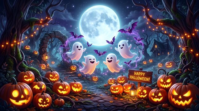 Cute cartoon ghosts celebrating in a magical forest with glowing jack o lanterns for a happy halloween theme