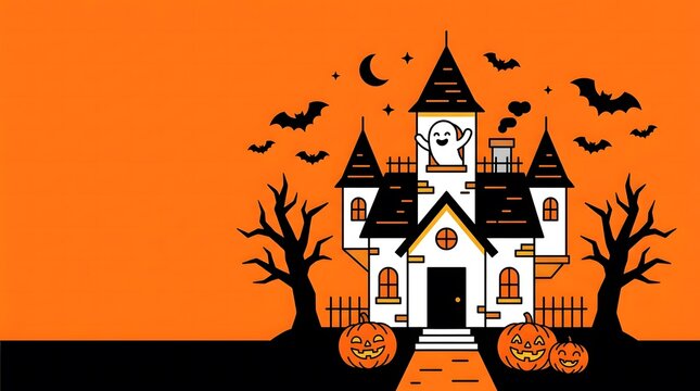 A festive happy halloween illustration featuring a spooky haunted house with bats and pumpkins on orange background