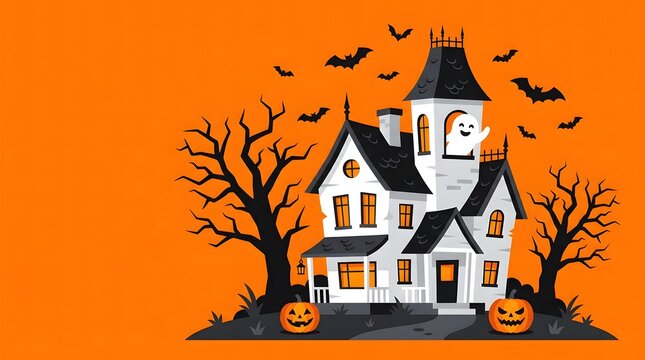 Spooky haunted house with bats and pumpkins for a festive happy halloween background design with orange backdrop