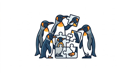 Group of penguins assembling a jigsaw puzzle together. © Mutmainah