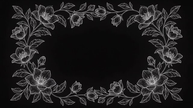 Hand-drawn white floral line art animation expanding into an elegant frame over a dark chalkboard texture. Perfect for romantic videos, menus, wedding cards, and elegant title reveals.