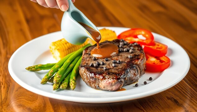 Grilled beef steak on a white plate with green asparagus and sliced tomatoes served with gravy sauce on a wooden table