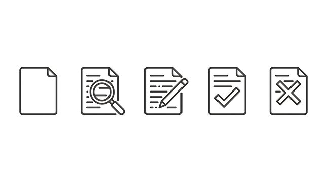 Linear document status icons on white background representing document creation inspection editing validation denial process steps with document workflow business management magnifying collection
