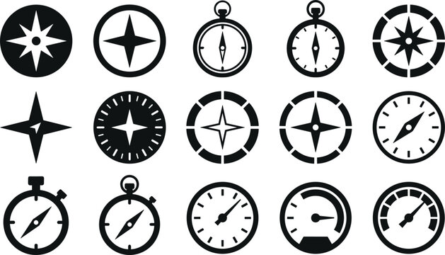 Vintage Navigation Compass and Speedometer Silhouette Icon Set Featuring Wind Rose Star Direction Symbols for Nautical Adventure Map and Travel Infographics