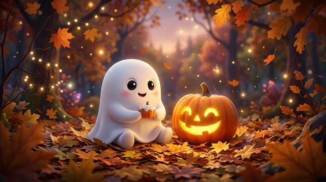 A cute little ghost sitting with a glowing jack o lantern in an autumn forest for happy halloween