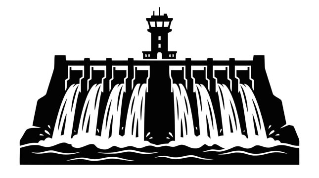 Vector illustration of vector illustration of a hydroelectric dam with water flowing on a transparent background