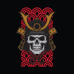 Fototapeta premium Japanese Samurai Skull Vector Illustration, Bushido Helmet with Wave Pattern