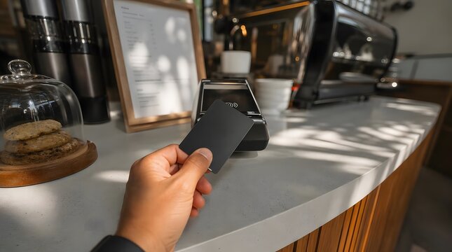 POV hand holding blank generic smart card mockup in cafe.