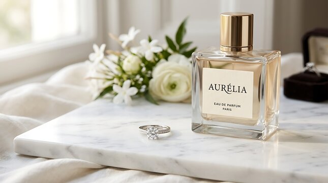 Platinum diamond ring beside aur?lia perfume bottle on marble tray