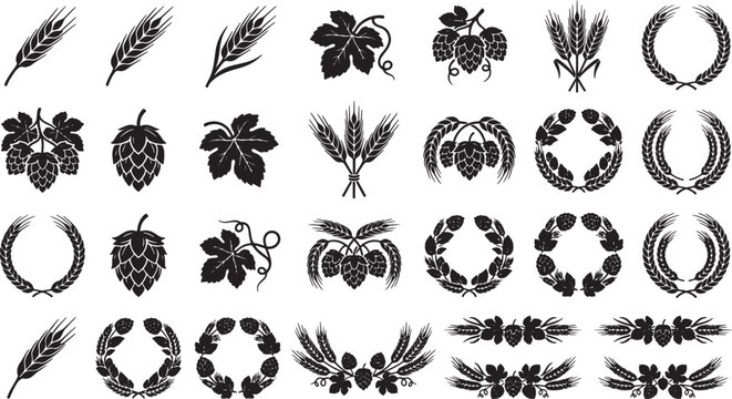 Set of black silhouette icons featuring wheat ears hop cones and floral wreaths for brewery design
