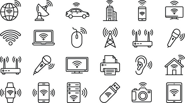 Wireless smart device line icon set featuring wifi connected electronic hardware computer systems and internet network infrastructure