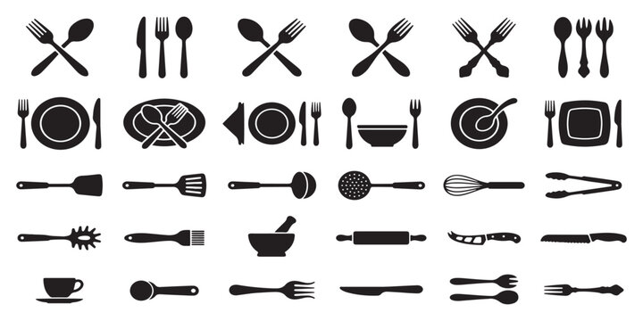 Restaurant cutlery and kitchen utensils silhouettes collection vector icons set.