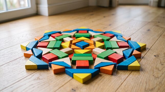 Colorful wooden building blocks arranged in a beautiful, intricate mandala-like geometric pattern on a light-colored wooden plank floor.