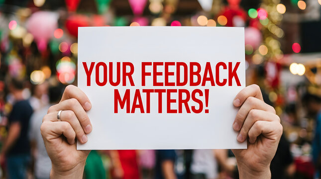 Hands holding sign emphasizing importance of customer feedback in bright social setting with blurred background colorful lights people conveying engagement positivity