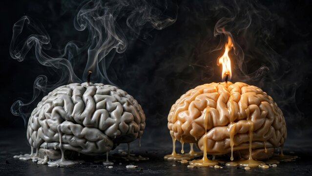 Two Brains Representing Mental States - One Cold and Smoky, the Other Burning Like a Candle.