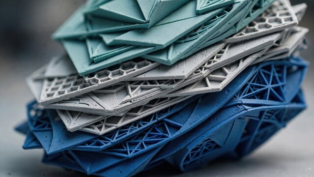 Stack of 3D Printed Geometric Objects in Blue Green and Gray.