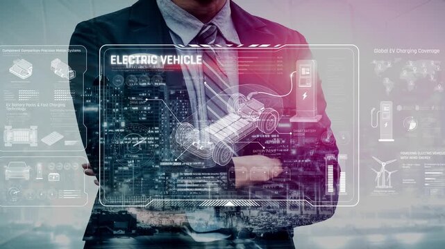 Technical layout of electric vehicle showing battery system, power control, traction motor, charging interface, and integration with renewable and smart energy sources Marrow