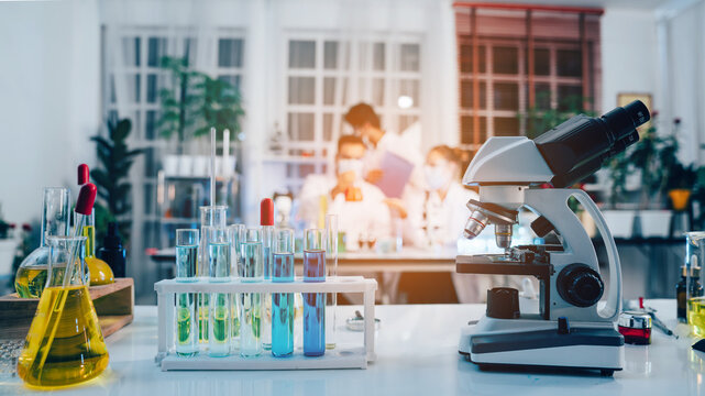Scientist or researchers working in science laboratory, medical technology research work, science laboratory research and development concept.