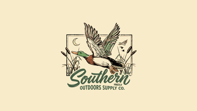 Vintage mallard duck illustration for Southern Outdoors Supply Co logo, showing a flying drake over marsh cattails and a crescent moon in a hand-drawn retro style for outdoor adventure.