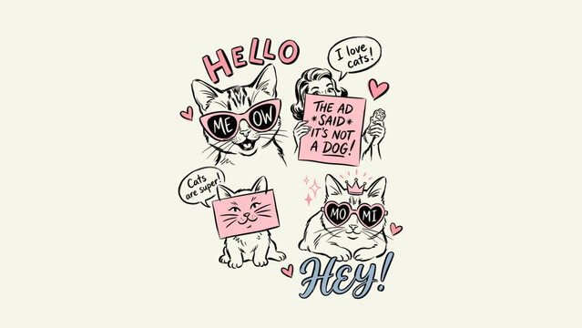 Retro Vintage Comic Style Hand Drawn Illustration Set of Cute Cats with Pink Glasses, Speech Bubbles, and Funny Typography Quotes like Hello Meow and Hey on a Cream Background.