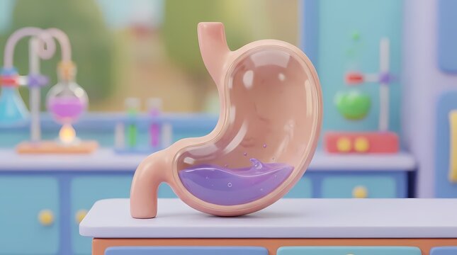 3D human stomach model in medical laboratory background.