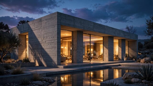 Modern Architectural Masterpiece Illuminated at Dusk.