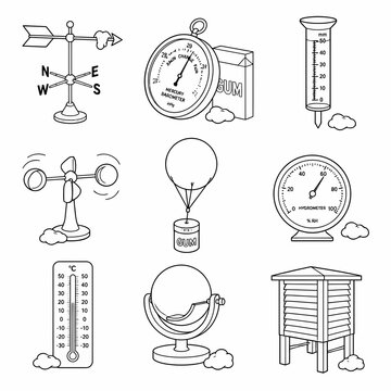 Vector illustration set of meteorological instrument icons including wind vane, mercury barometer, rain gauge, cup anemometer, weather balloon, hygrometer, thermometer, and Stevenson screen.