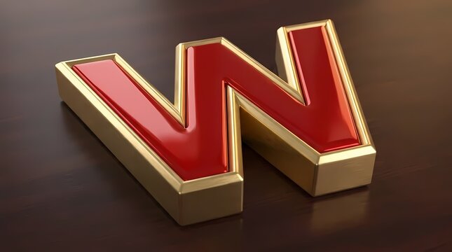 3D rendered red and gold letter W on desk.