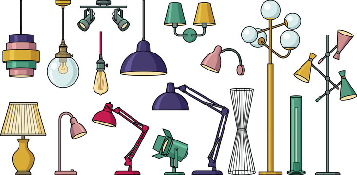 Modern Home Lighting and Lamp Icon Set Featuring Pendant Lights Desk Lamps Floor Torchiere Sconces Track Lighting and Interior Decor Vector Graphics