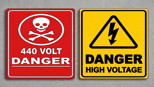Two warning signs featuring high voltage danger symbols on gray surfaces.