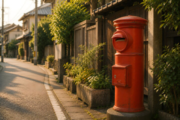 Obraz premium Cozy Retro Japanese Red Post Box at Sunset