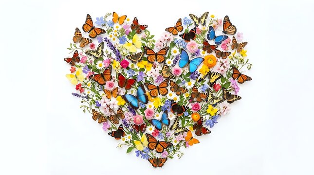 Heart Shape of Colorful Butterflies and Fresh Flowers on White Background