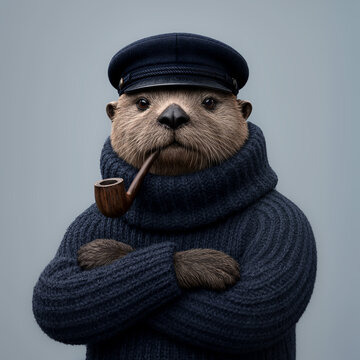 Otter dressed as a sailor wearing navy cap, knitted sweater and pipe. Nautical portrait, maritime costume and animal humor concept