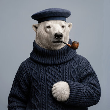 Polar bear dressed as sailor wearing navy beret, cable knit sweater and pipe. Nautical portrait, maritime costume, Arctic wildlife and animal humor concept