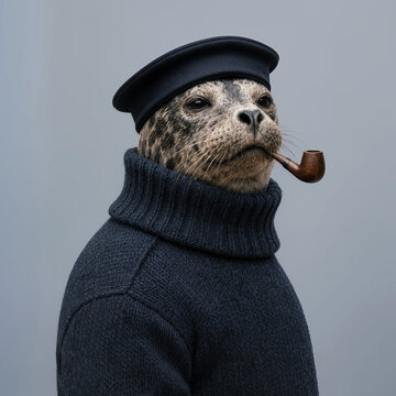 Seal dressed as sailor with navy beret, knitted sweater and pipe. Nautical, maritime, animal portrait, costume and humor concept