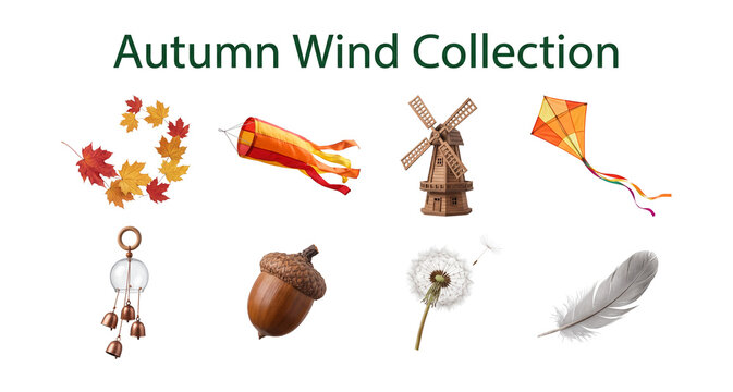 Autumn wind collection set with maple leaves windsock windmill and kite realistic objects isolated on transparent