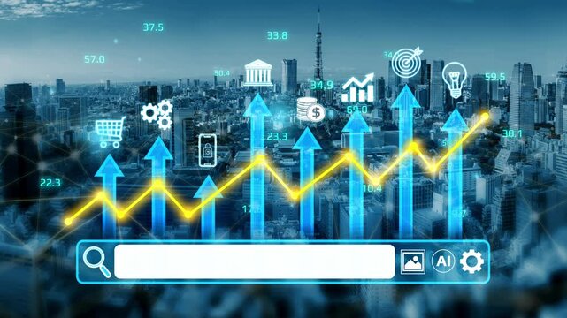 Abstract Digital Financial Growth Concept with Data Visualization, Cityscape Background, and Futuristic Icons Representing Business Progress and Technology Innovations. Entropy.