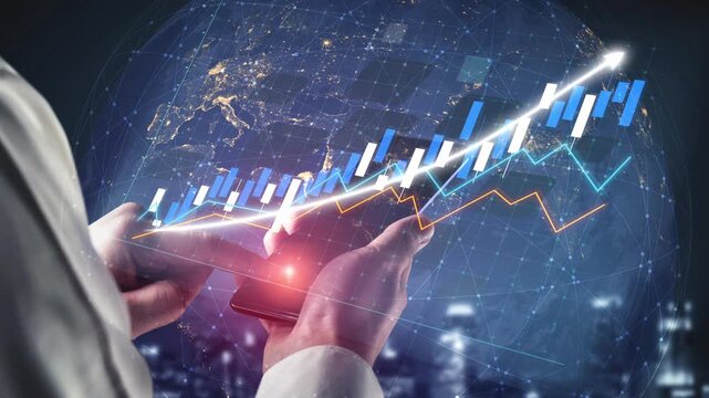 A person holds a smartphone displaying financial graphs against a backdrop of global data. This image represents market growth, technology, and business innovation. Copula