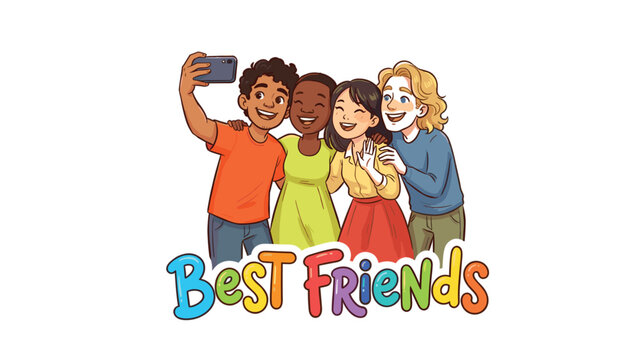Best Friends vector illustration featuring a group of diverse happy young people taking a selfie together celebrating friendship and youth