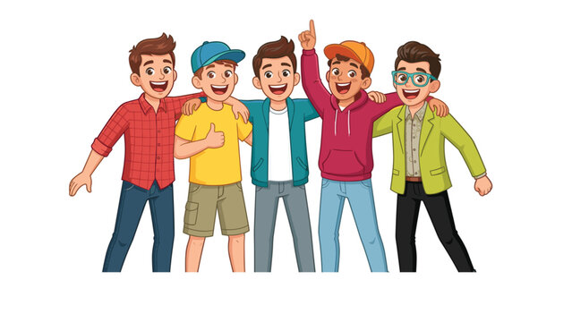 Group of happy male friends vector illustration featuring diverse teenage boys hugging together celebrating youth friendship and brotherhood