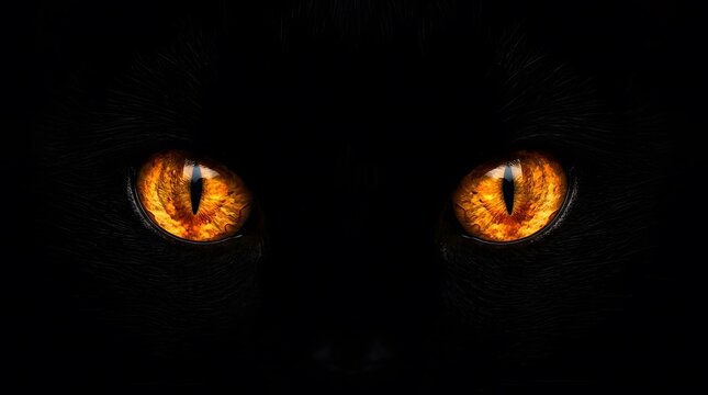 Glowing yellow cat eyes emerging from darkness for a spooky happy halloween holiday background and festive design