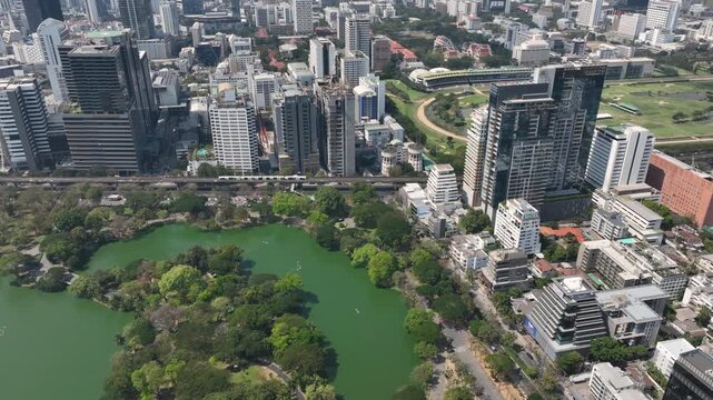 sunny day bangkok city center famous park pond aerial panorama 4k thailand