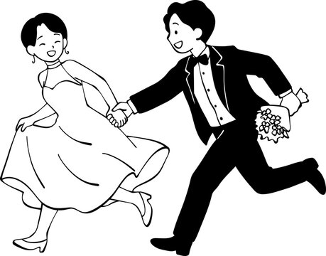 Wedding Hand Drawn Bride And Groom Running