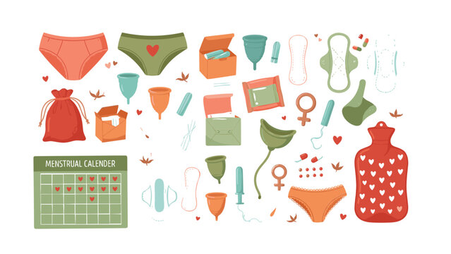 Menstrual cycle care vector set with sanitary pads, tampons, menstrual cups, period underwear, tracking calendar, and hot water bottle illustrations.
